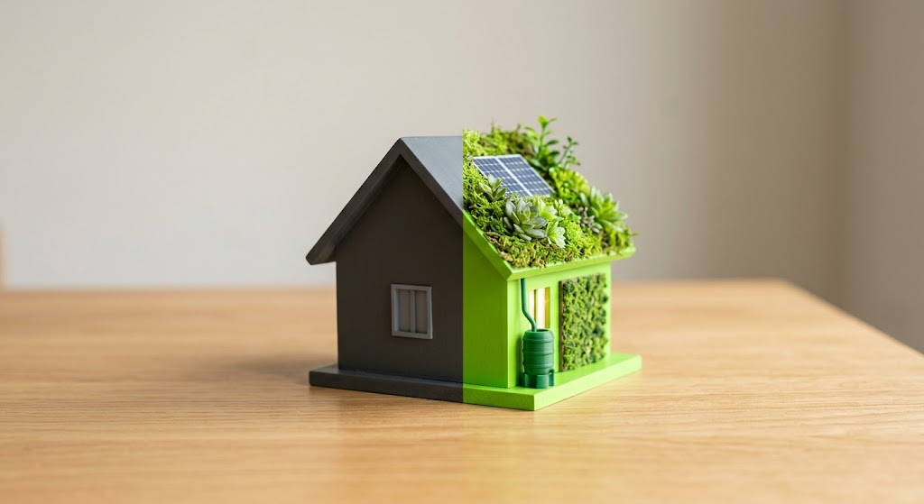 Un modello di casa diviso a metà: a sinistra un'abitazione tradizionale grigia; a destra una casa ecosostenibile verde brillante con tetto verde, pannello solare e barile di raccolta acqua piovana, simbolo di bioedilizia e alta efficienza energetica per il nuovo APE 2026 Torino