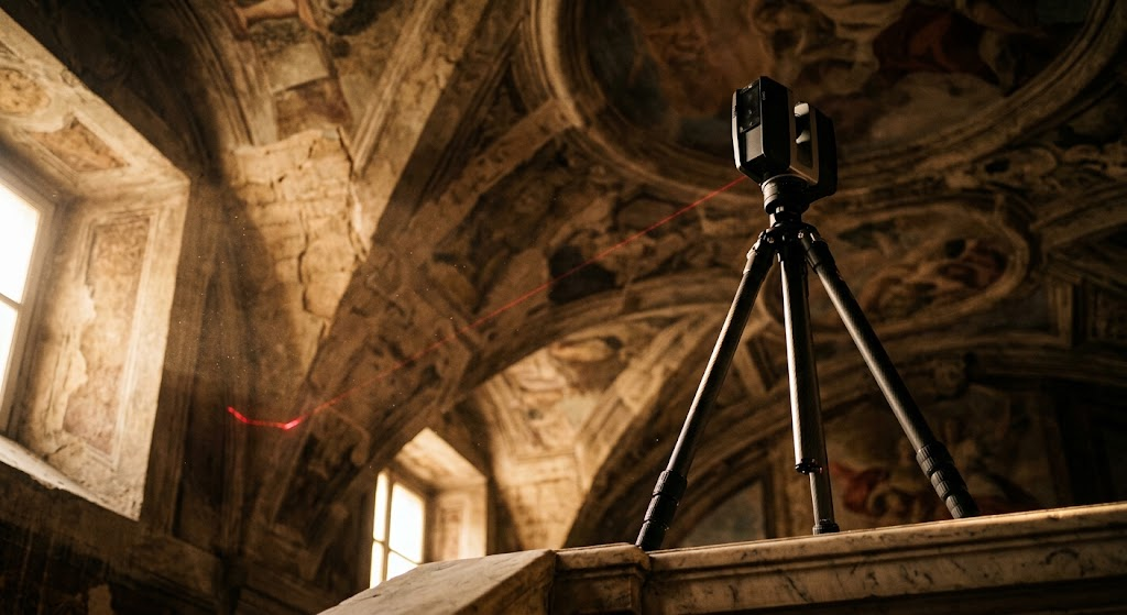 Laser scanner 3D su treppiede che proietta un raggio laser rosso per mappare le volte affrescate di un edificio storico a Torino, strumentazione avanzata per rilievi architettonici di precisione e progetti di restauro.