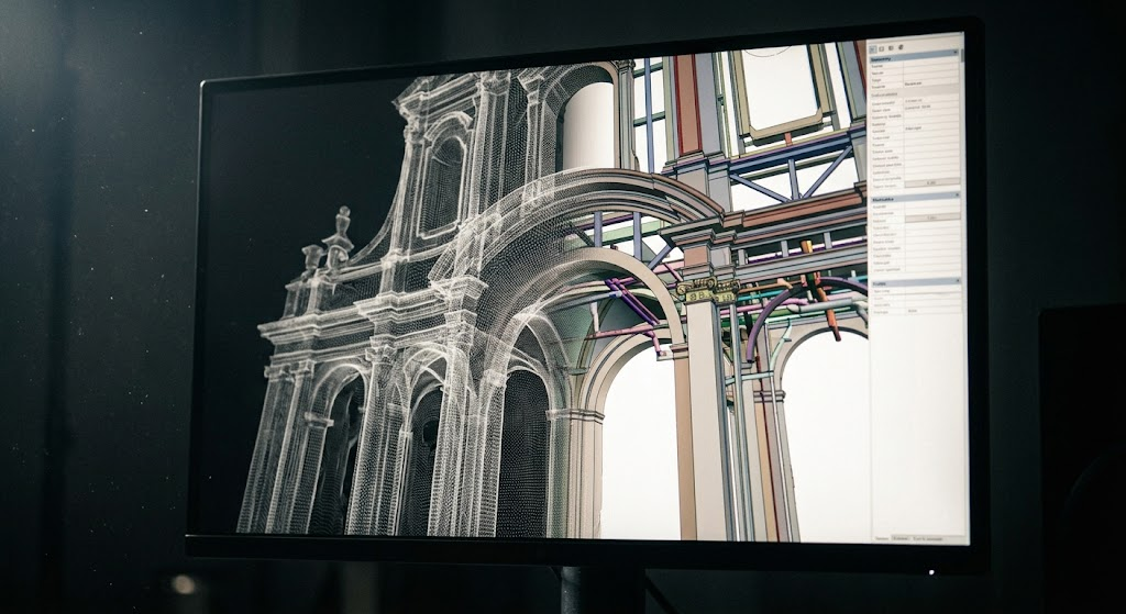 Schermo di un monitor che mostra la transizione da una nuvola di punti a un modello 3D solido di un edificio storico, fase di restituzione grafica e modellazione BIM per rilievi architettonici a Torino.