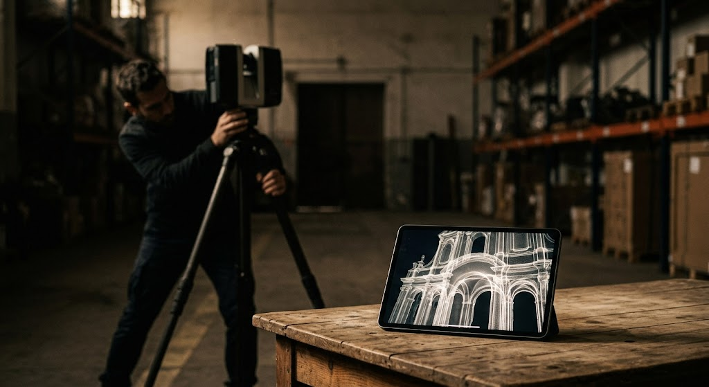 Tecnico che imposta un laser scanner 3D su treppiede in un magazzino, con un tablet in primo piano che visualizza l'elaborazione della nuvola di punti, strumentazione essenziale per rilievi architettonici e industriali a Torino.