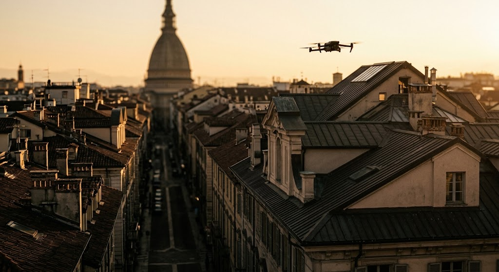 Drone in volo sopra i tetti del centro storico di Torino al tramonto, con la Mole Antonelliana sullo sfondo, impiegato per ispezioni aeree e rilievi fotogrammetrici ad alta precisione delle coperture.