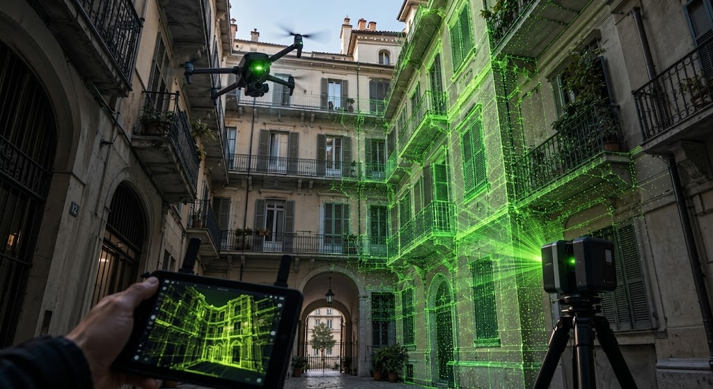 Operatore che regge un tablet con la scansione 3D verde della corte di un palazzo storico, mentre in alto vola un drone e a terra un laser scanner su treppiede proietta una nuvola di punti laser verde sulla facciata, per rilievi architettonici avanzati a Torino.