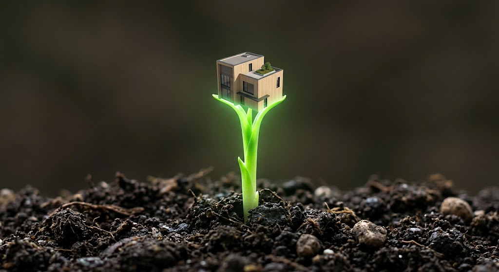 Primo piano di un modello di casa moderna ecosostenibile in legno, che sorge da un germoglio verde brillante in un terreno fertile, a simboleggiare la crescita della bioedilizia e l'innovazione edilizia Nuovo APE 2026 a Torino