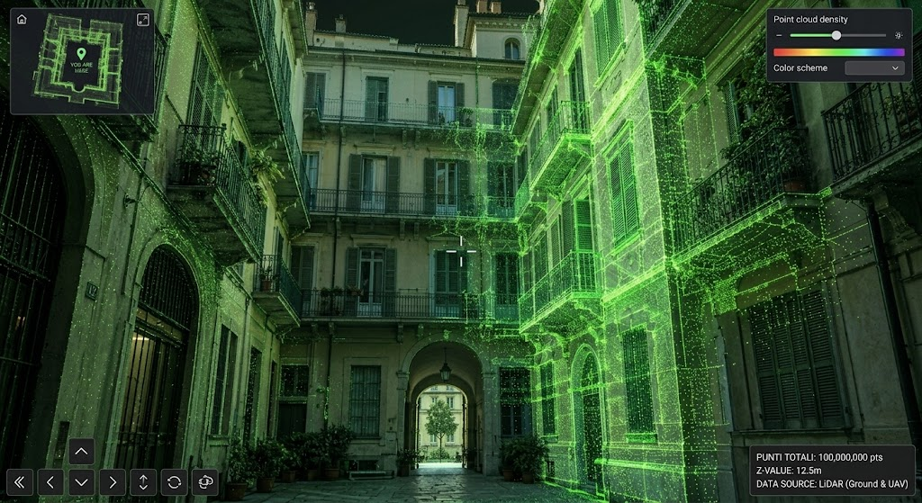 Interfaccia di un software di navigazione LiDAR che mostra la nuvola di punti 3D verde brillante di un cortile storico a Torino, con controlli digitali e dati metrici, per la gestione di rilievi architettonici.