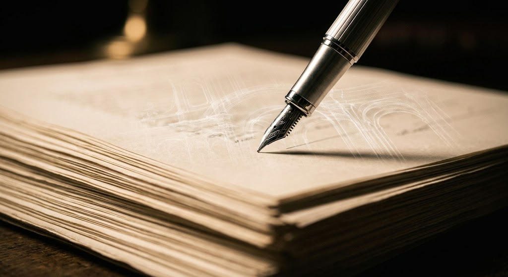 Primo piano di una penna stilografica che firma una spessa pila di documenti cartacei storici, con linee architettoniche sfumate, rappresentando la redazione di pratiche edilizie e la conformità urbanistica a Torino.
