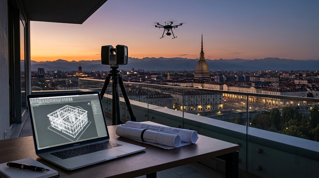 Postazione di lavoro su una terrazza panoramica al tramonto con vista su Torino e sulla Mole Antonelliana, che mostra un computer portatile con un modello BIM 3D, un laser scanner su treppiede e un drone in volo per rilievi architettonici.