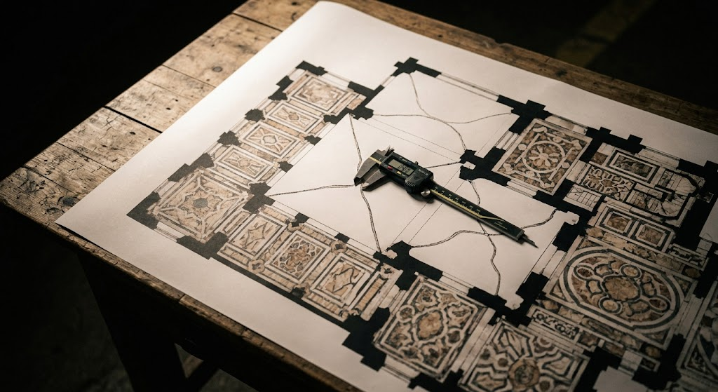 Calibro di precisione appoggiato sopra un disegno tecnico e una planimetria dettagliata di un soffitto decorato su un tavolo di legno, simbolo di progettazione e rilievi architettonici accurati a Torino.