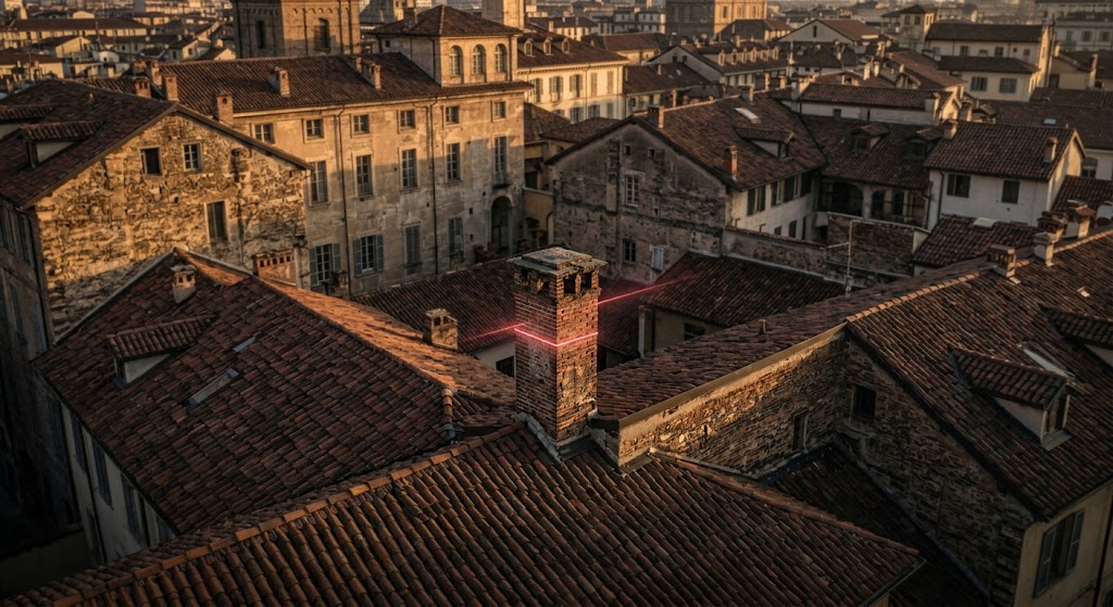 Vista aerea dei tetti in coppi nel centro storico di Torino con un raggio laser rosso che scansiona un camino, rappresentazione visiva di un rilievo 3D laser scanner e tramite drone per una sanatoria edilizia a Torino