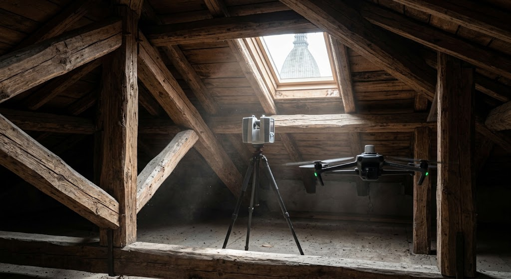 Laser scanner 3D su treppiede e drone in volo per il rilievo tecnico di un antico sottotetto in legno, con la Mole Antonelliana visibile dal lucernario, essenziale per la sanatoria edilizia a Torino.