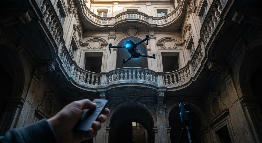 Mano di un tecnico che pilota un drone nel cortile interno di un palazzo d'epoca, con un laser scanner 3D posizionato a terra, per ispezioni visive e rilievi architettonici combinati ad alta precisione per una sanatoria edilizia a Torino.