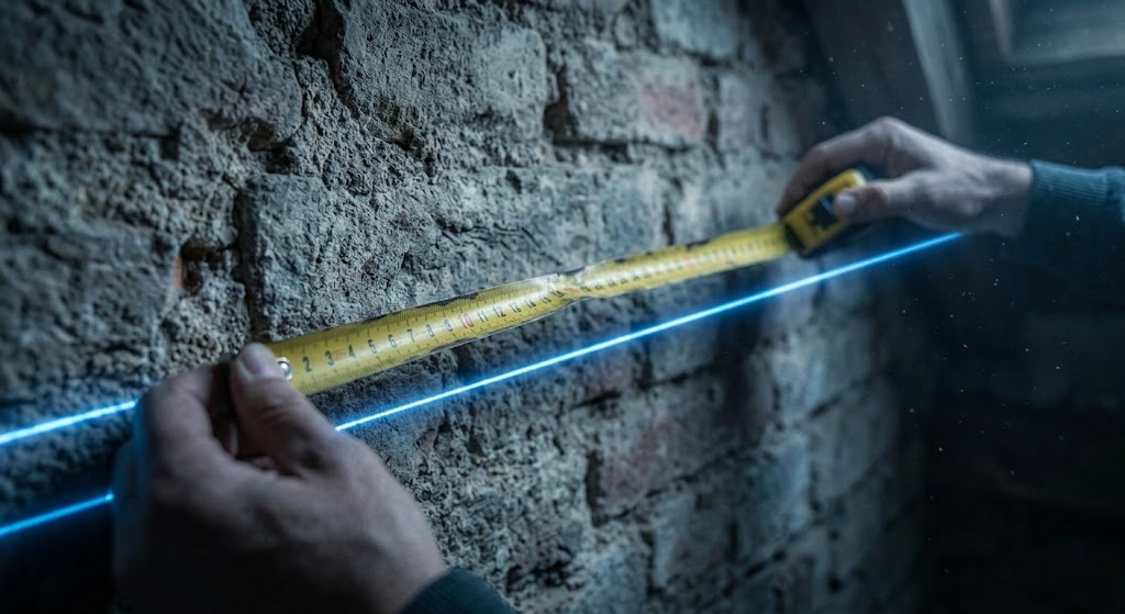 Mani di un tecnico che misurano un muro in mattoni grezzi con un metro a nastro giallo e una linea laser blu, a dimostrazione della precisione nella sanatoria edilizia a Torino.