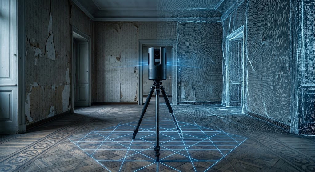 Laser scanner 3D su treppiede al centro di una stanza da ristrutturare, che proietta una griglia digitale blu per generare una nuvola di punti, tecnologia per rilievi architettonici di alta precisione, propedeutici alla sanatoria edilizia a Torino.
