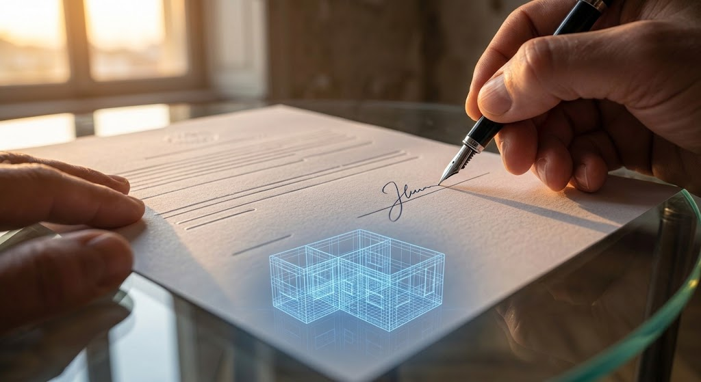 Mano che firma un documento cartaceo con una penna stilografica, su cui è proiettato il modello 3D olografico azzurro di una casa, a simboleggiare l'approvazione di una sanatoria edilizia a Torino.