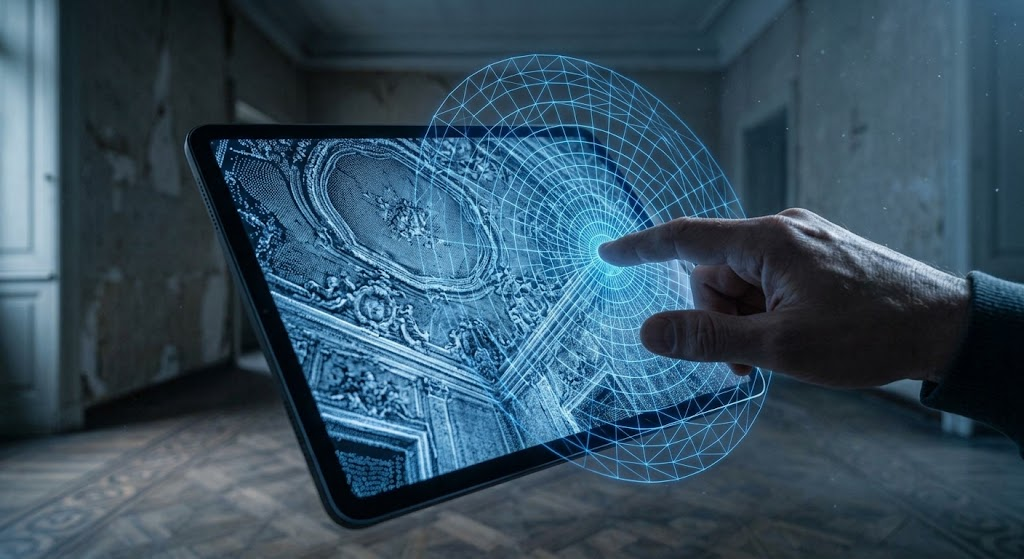Mano di un tecnico che interagisce con la nuvola di punti 3D di un soffitto decorato su un tablet, mostrando la visualizzazione di un rilievo laser scanner per la sanatoria edilizia di immobili storici a Torino.