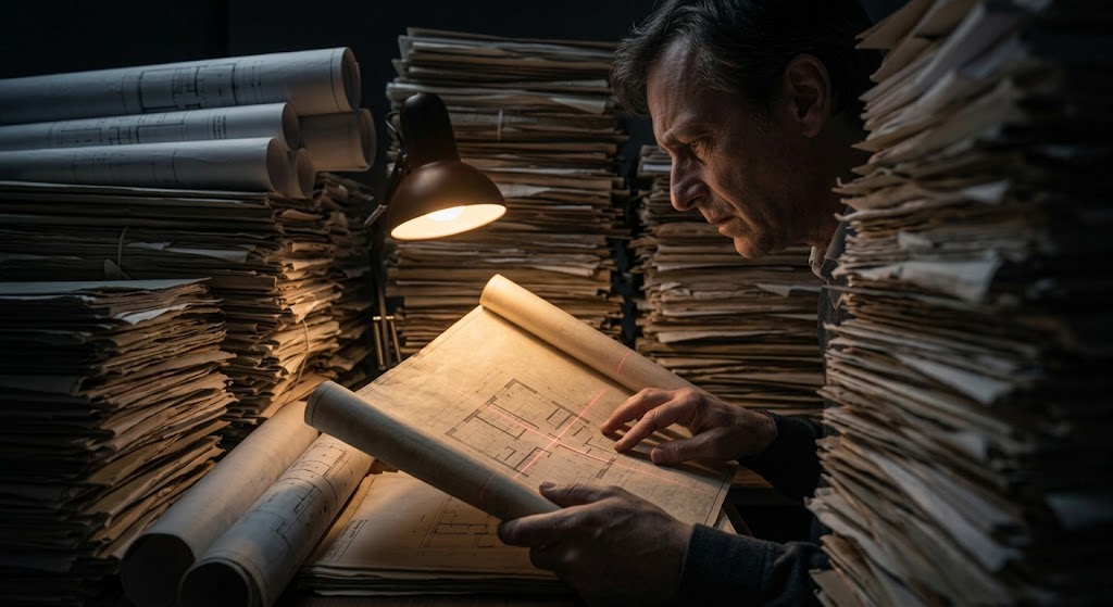 Professionista tecnico esamina una planimetria cartacea sotto la luce di una lampada da tavolo, circondato da imponenti pile di pratiche edilizie, raffigurando l'analisi documentale necessaria per la sanatoria edilizia a Torino.