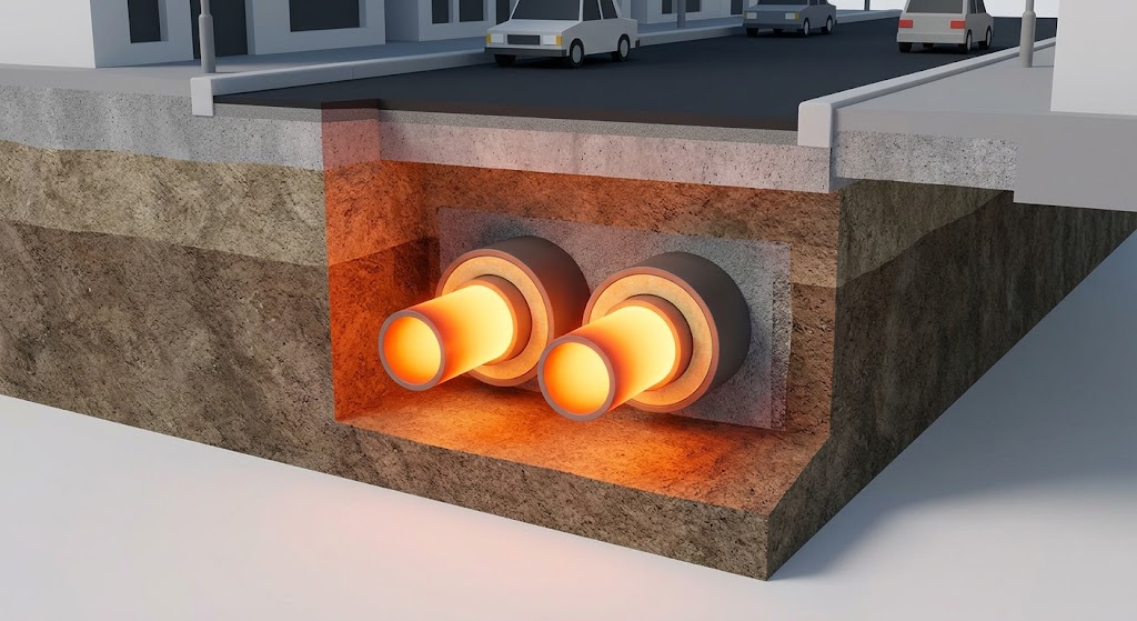 Spaccato 3D del sottosuolo stradale che mostra due tubazioni isolate del teleriscaldamento cittadino, un'infrastruttura fondamentale per valutare l'efficienza energetica e redigere il nuovo APE 2026 a Torino degli edifici
