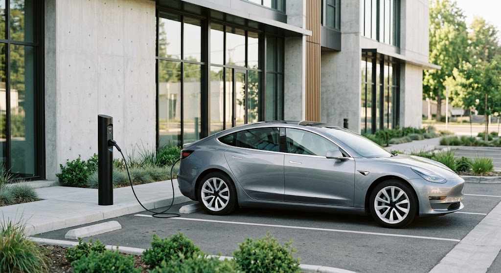 Auto elettrica grigia collegata a una colonnina di ricarica nel parcheggio di un moderno edificio direzionale a Torino, esempio di infrastruttura per la mobilità sostenibile integrata nella riqualificazione energetica immobiliare, dimostrazione della nuova APE 2026 a Torino