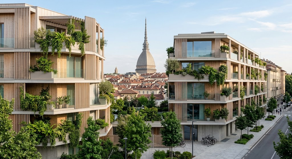 Architettura moderna e sostenibile a Torino: palazzi con terrazzi verdi e facciate in legno, con la Mole Antonelliana sullo sfondo Nuovo APE 2026 Torino